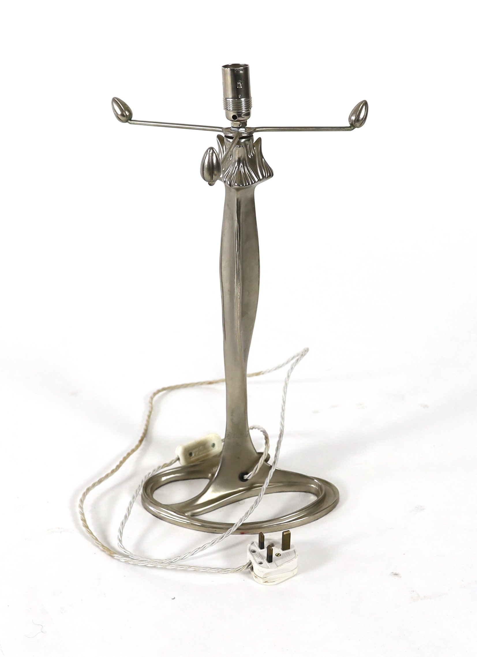 An Art Nouveau style table lamp in Matt, chrome finish, without shade, 47.5cm high